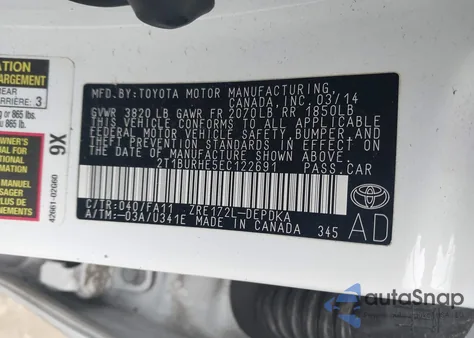 2014 Toyota Corolla L z USA, uszkodzony, nr VIN 2T1BURHE5EC122691